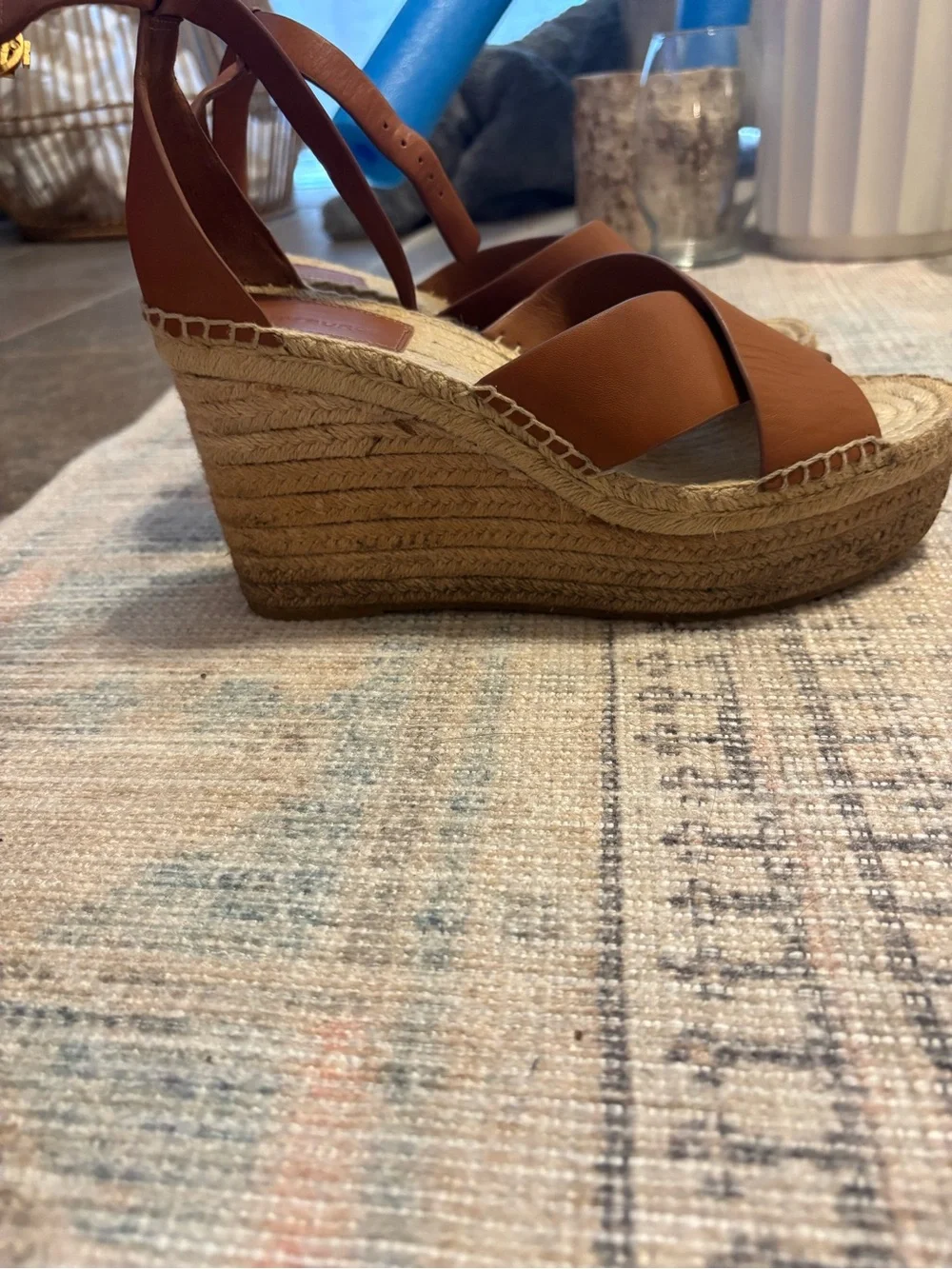 Tory Burch Cognac Leather Espadrille Wedge Sandals
